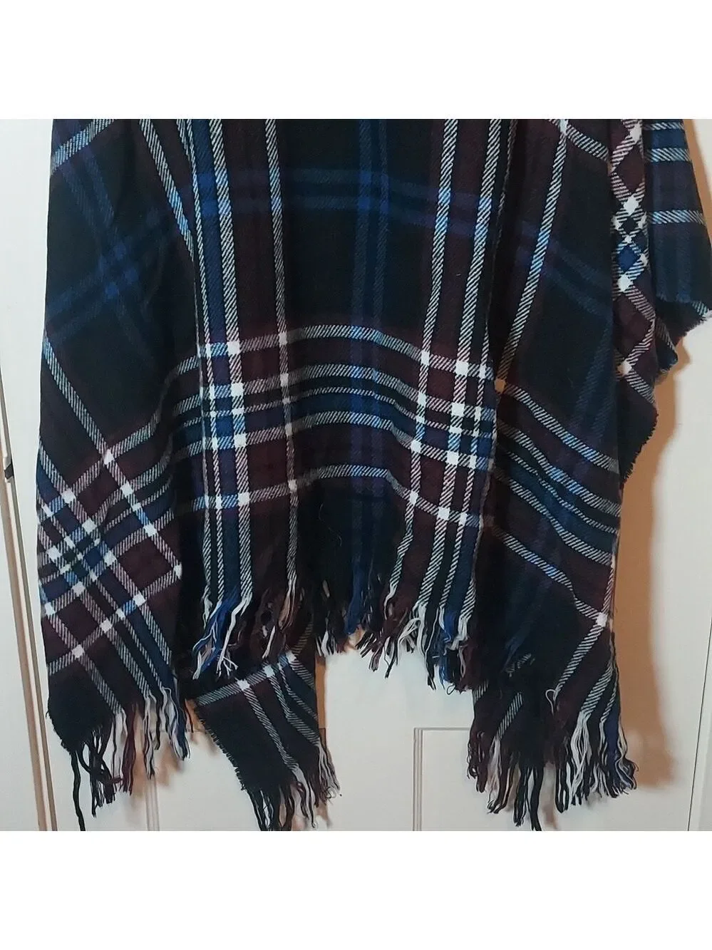 LOFT Outlet Black Blue Checkered Fringe Poncho One Size